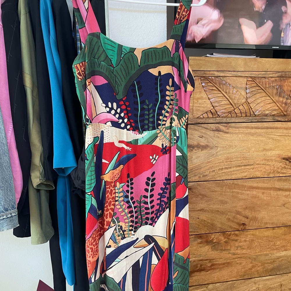 FARM Rio Multicolor Tropical Print Midi Dress — Pink, Red, Green, Navy